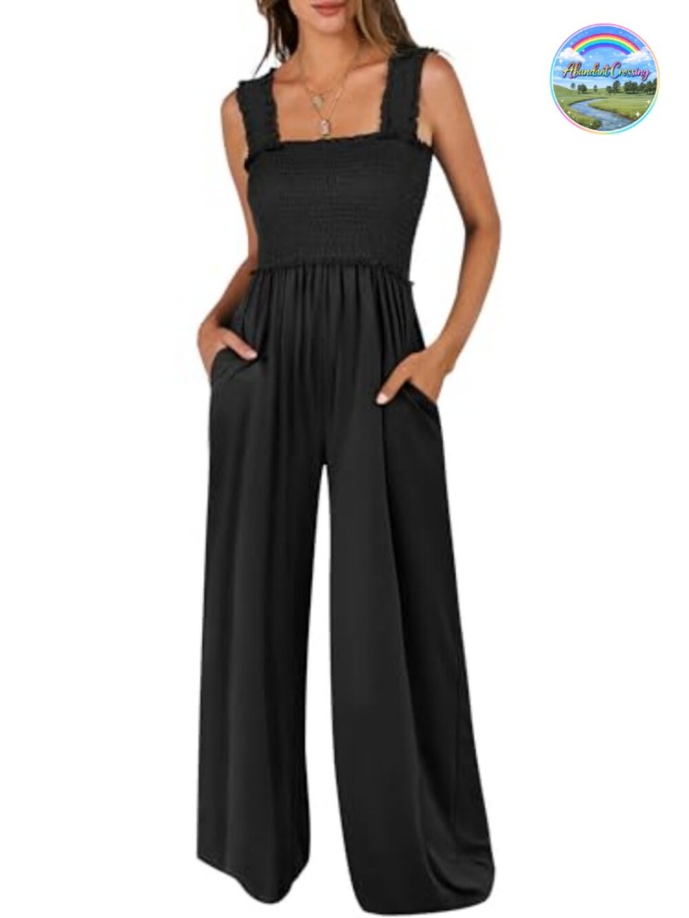 Sleeveless Smocked Wide Leg Jumpsuit with Pockets Casual Summer